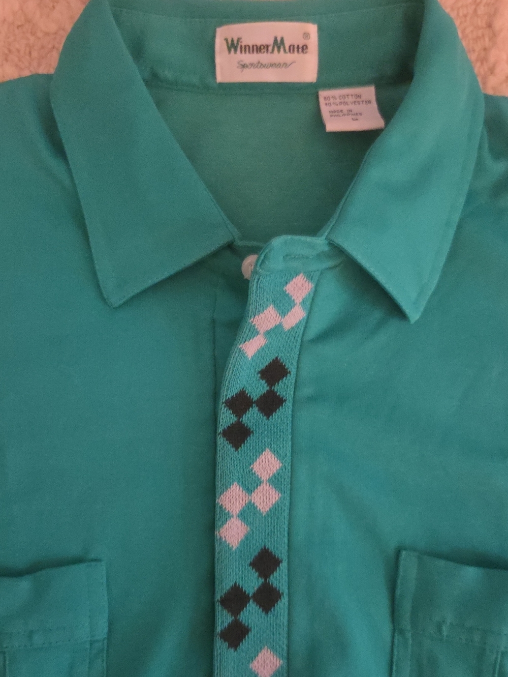 WinnerMate Green Golf Polo with Argyle Trim, Vintage, L